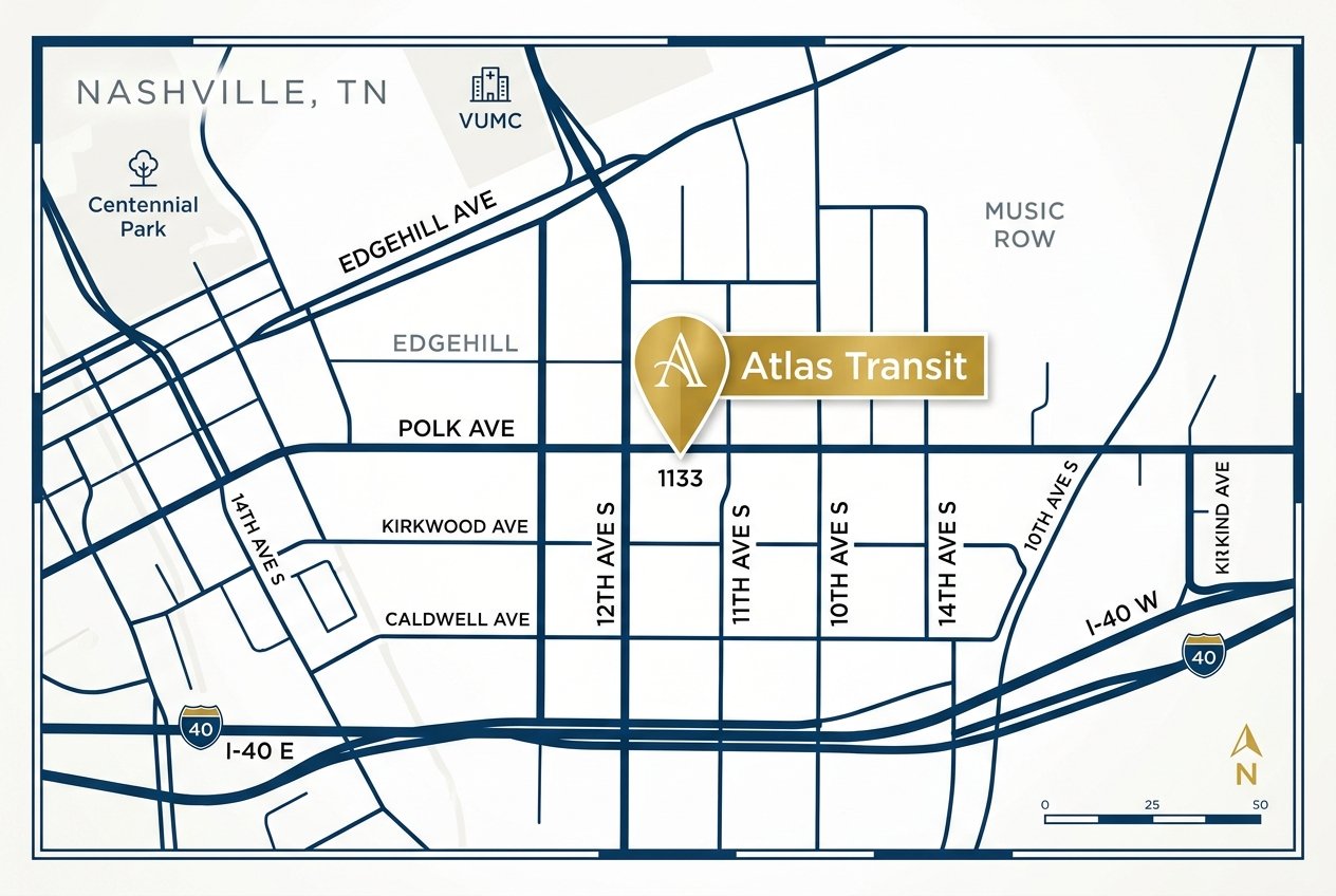 Vector-style map of Nashville showing the Atlas Transit headquarters