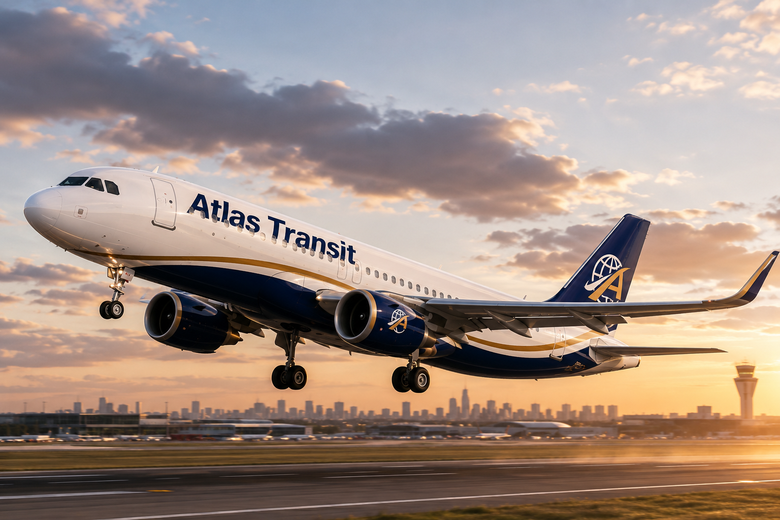Cargo aircraft loading at a sunset airport runway with shipping containers