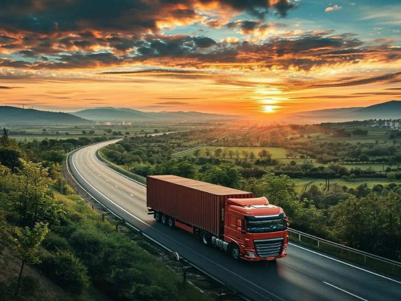 Electric cargo truck driving through a misty mountain landscape