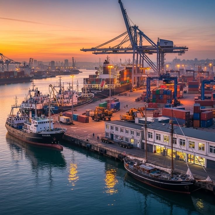 Global logistics hub at twilight with container ships docked